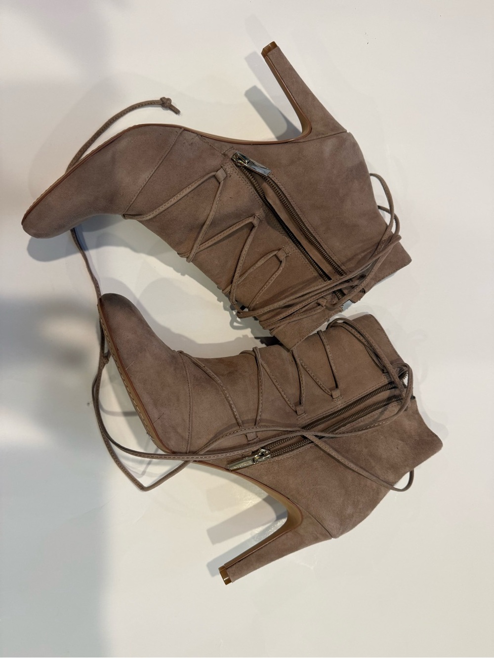 Vince Camuto Taupe Suede Lace-Up Stiletto Ankle Boots